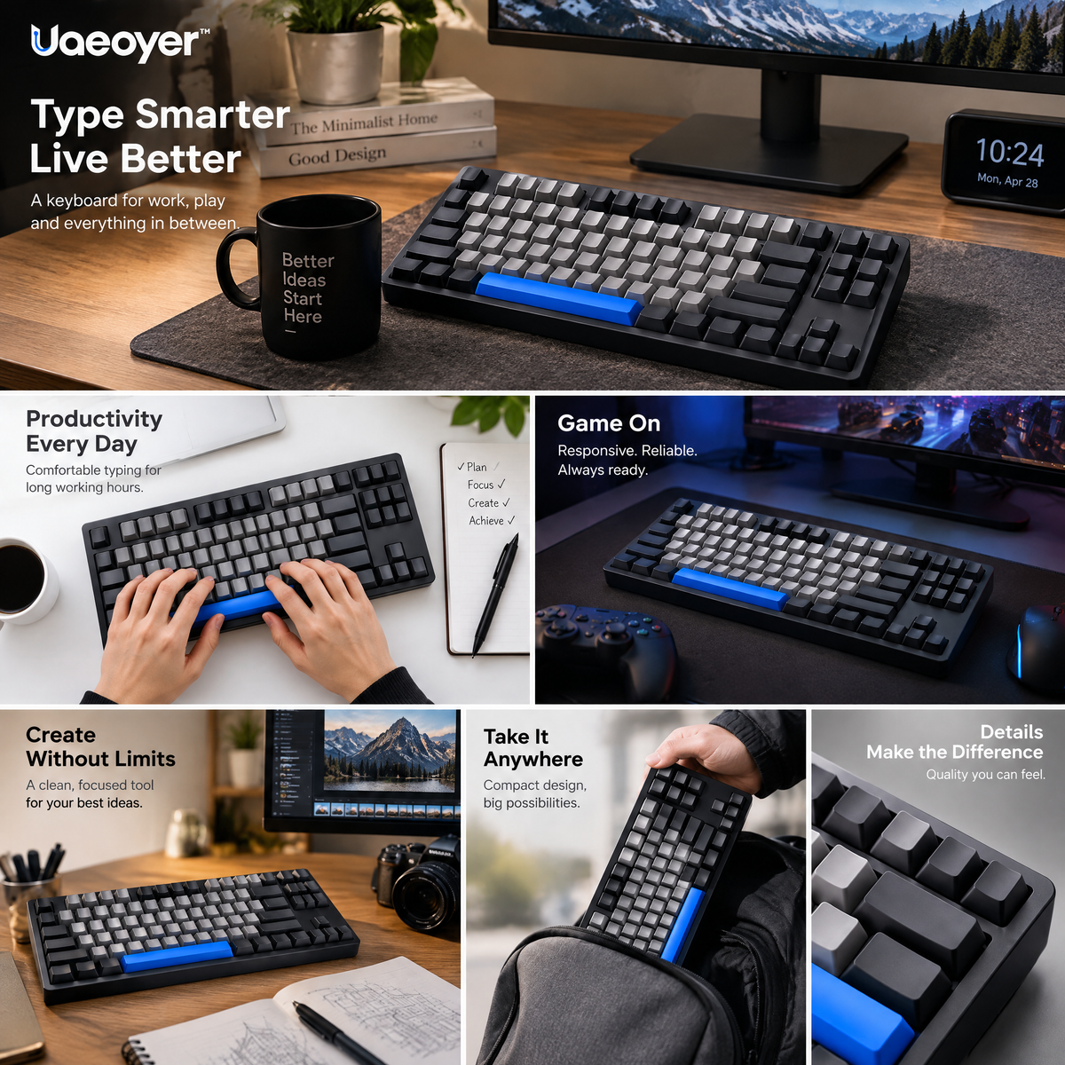 Uaeoyer™ Compact Mechanical Keyboard with Graphite Keycaps & Blue Accent