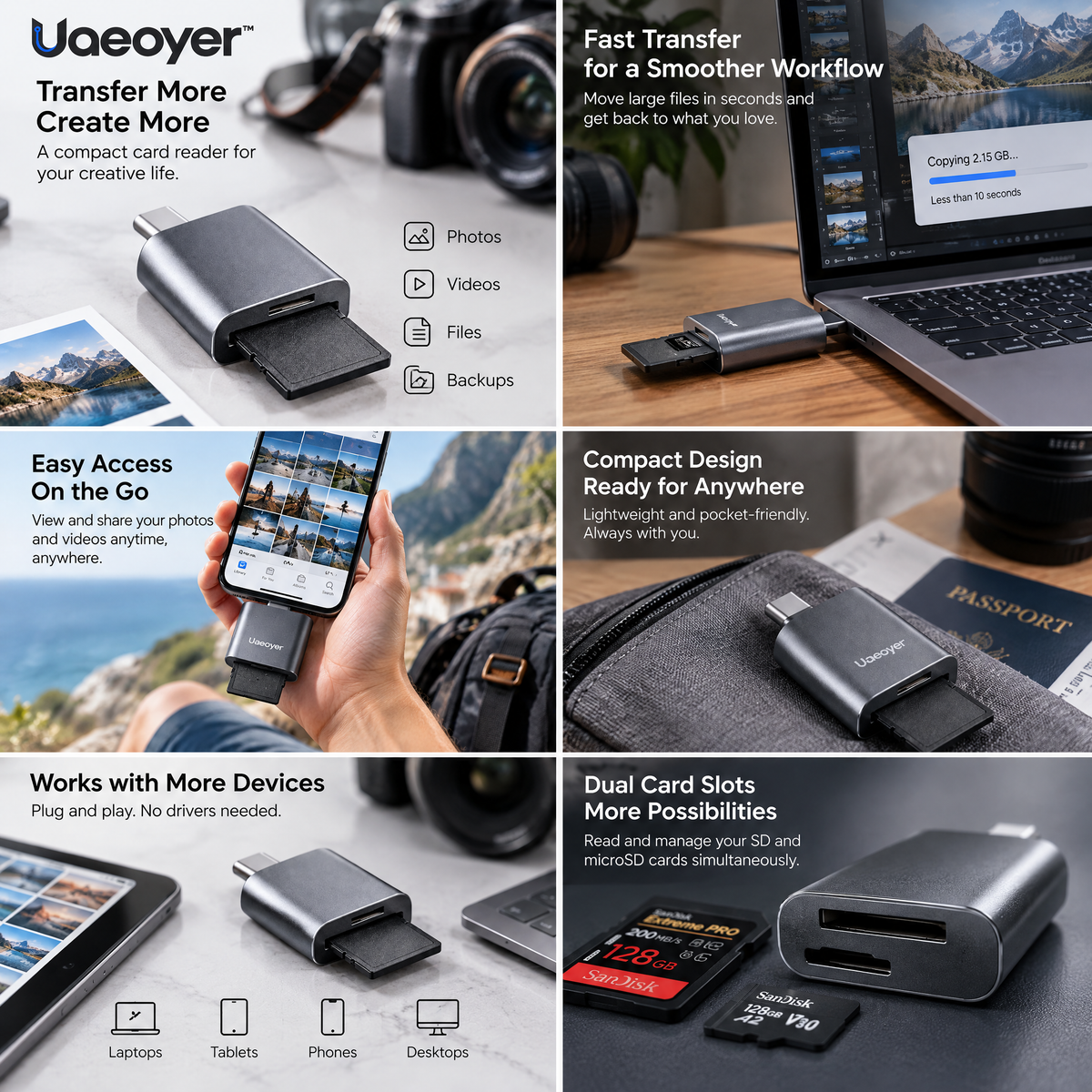 Uaeoyer™ Aluminum USB-C SD & microSD Card Reader