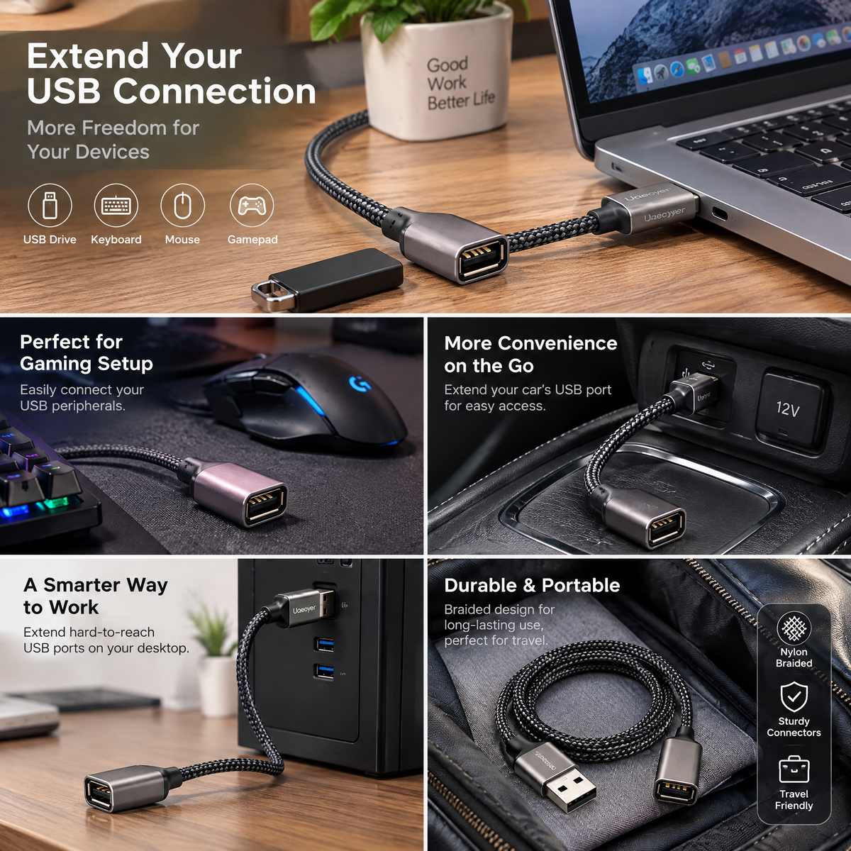 Uaeoyer™ Braided USB-A Male-to-Female Extension Cable