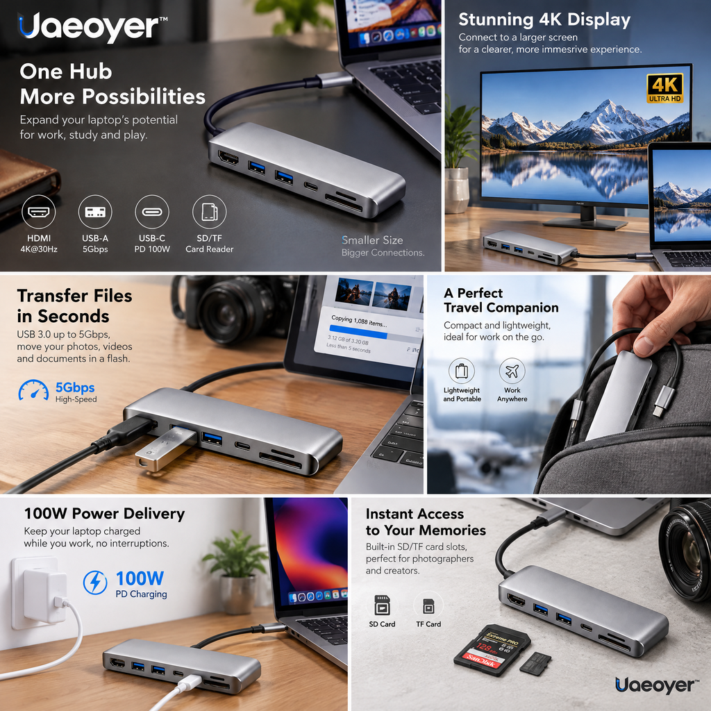 Uaeoyer™ USB-C Multiport Hub with HDMI, USB-A & Memory Card Slots