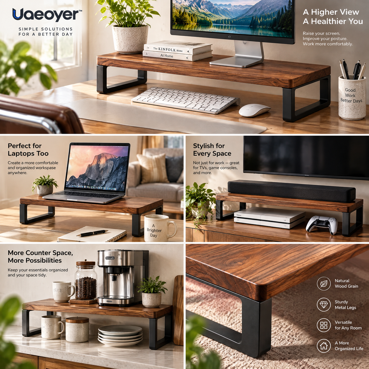 Uaeoyer™ Walnut-Tone Monitor Riser with Open Desk Storage