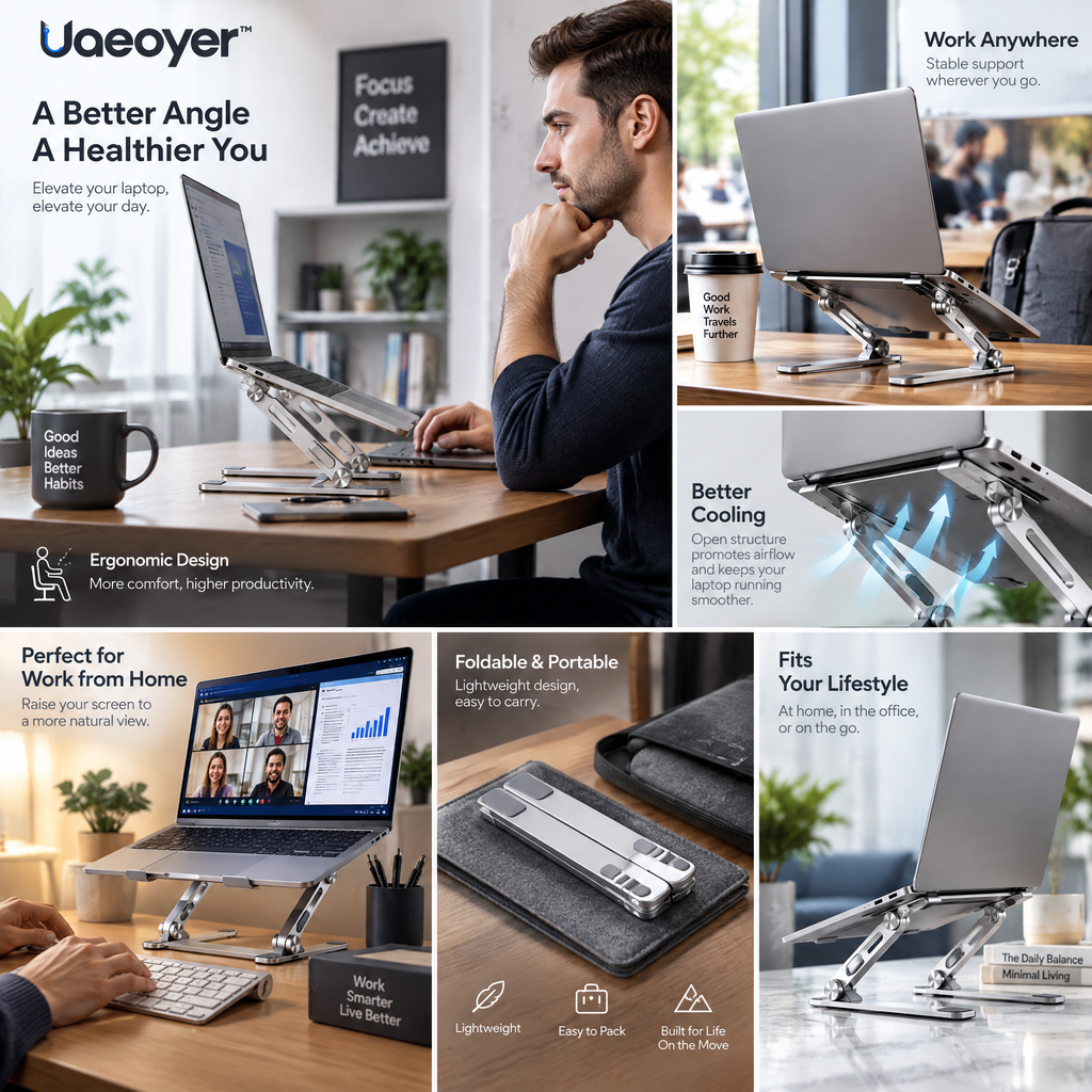 Uaeoyer™ Adjustable Folding Aluminum Laptop Stand — Silver