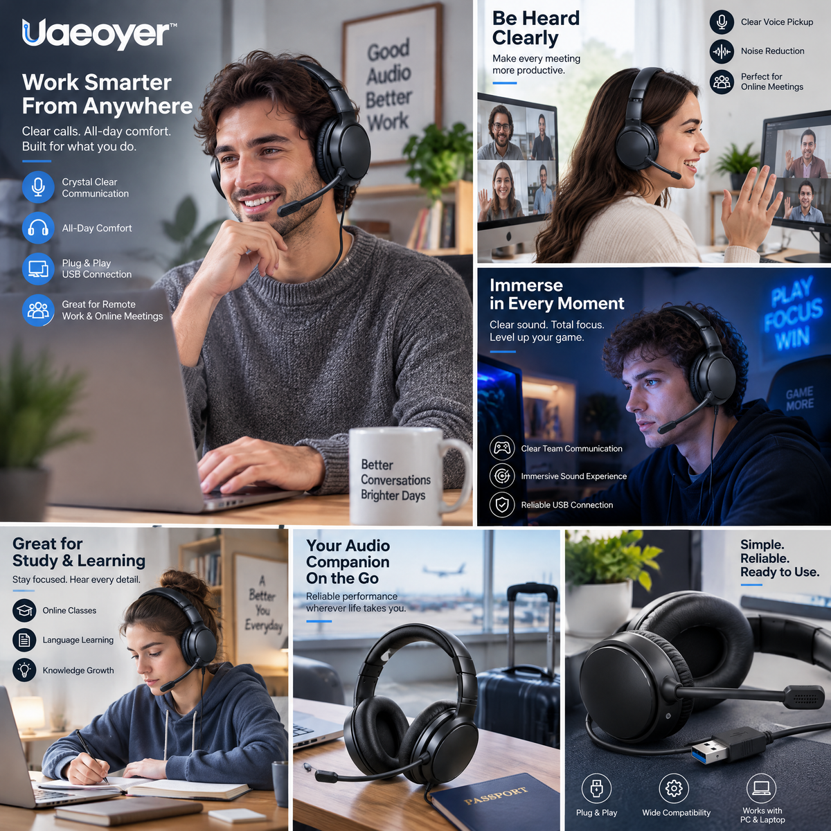Uaeoyer™ USB Over-Ear Computer Headset with Boom Microphone